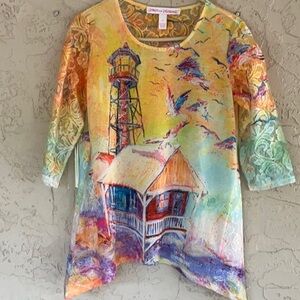Leona Lovegrove Women’s Yellow Coastal Vibe Lighthouse Blouse Size P/M